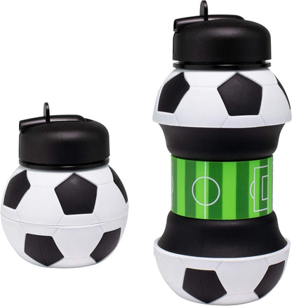 Collapsible Silicone Soccer Ball Water Bottle for Kids, 18 oz BPA-Free with Clip, Leak-Proof Spout, Portable Sports Drink Bottle
