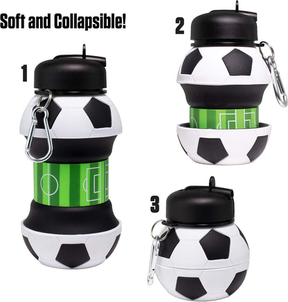 Collapsible Silicone Soccer Ball Water Bottle for Kids, 18 oz BPA-Free with Clip, Leak-Proof Spout, Portable Sports Drink Bottle