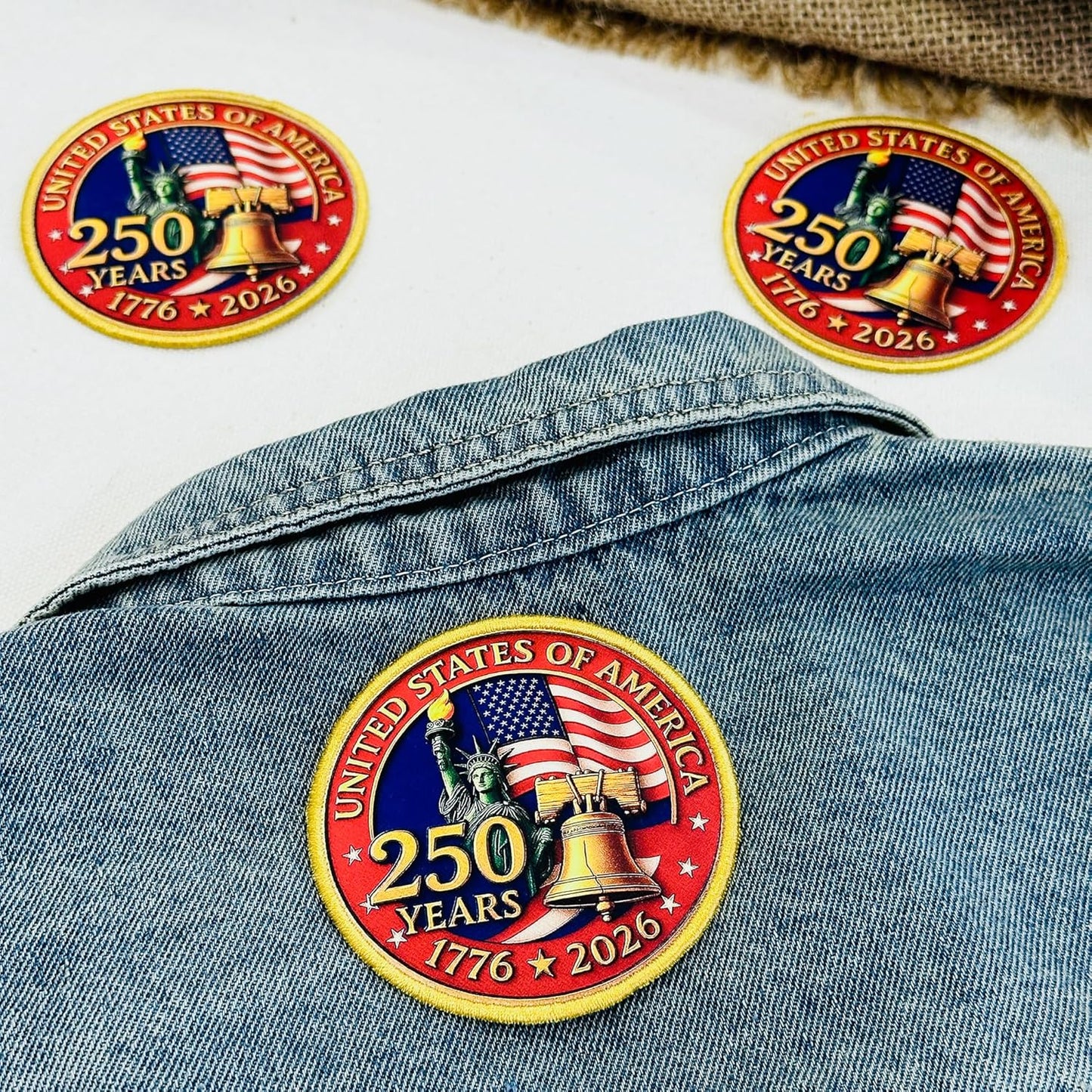 250 Years Patch United States of America 1776 2026 Anniversary Patch, Hybrid Printed Embroidered Border, 3–15 Inch Sizes
